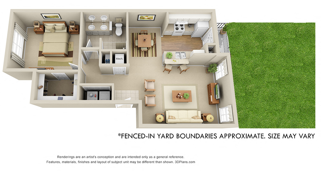 Floor plan for 1 bed, 1 bath, 839 sqft